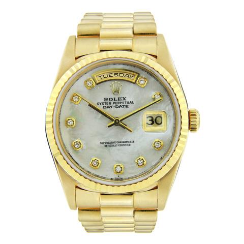 Rolex Day Date Diamond Watch, 36mm, 18K Yellow: Rolex Day Date Diamond Watch, 36mm, 18K Yellow GoldMother of Pearl Diamond Dial Condition: Pre-Owned Model – Rolex President Day-Date Model Number: 18038 Movement – Original Rolex Single Quickset