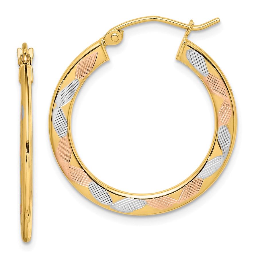 14k Yellow Gold w/White & Rose Rhodium Diamond-cut Hoop: 14k Yellow Gold w/White & Rose Rhodium Diamond-cut Hoop Earrings SKU: PG184605 Metal: Gold Purity: 14K Finish: Polished Earring Closure: Wire & Clutch Earring Type: Hoop