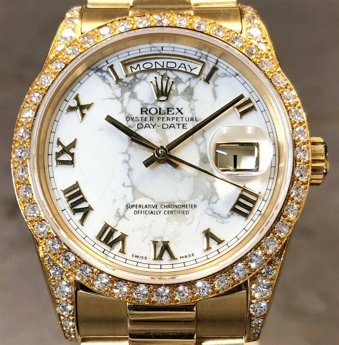 ROLEX DAY-DATE PRESIDENT 18338 18K YG RARE: ROLEX DAY-DATE PRESIDENT 18338 18K YG RARE MARBLE/HOWLITE DIAL W/RSC PAPERS Condition: Pre-owned: An item that has been used previously. The item may have some signs of cosmetic wear, but is fully ope