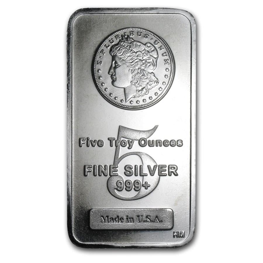 5 oz Silver Bar - Morgan Design: SKU: RBJ62295 Year: N/A Grade: None Grade Service: None Denomination: 5 oz Mint Mark: N/A - Not Available Metal Content: 5 troy oz Purity: .999 Thickness: 7.7 mm Diamete