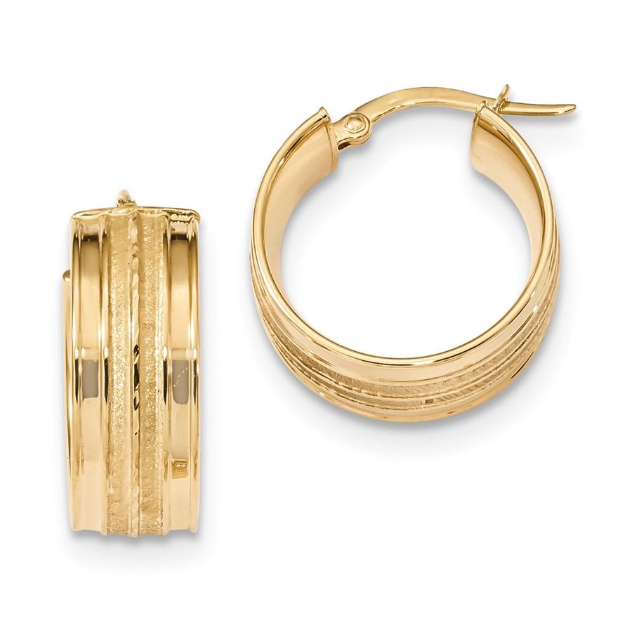 14k Solid Gold Polished & Satin Hoop Earrings (21.05): SKU: RBJ126767 Metal: Gold Purity: 14k Finish: Polished & Brushed Length Of Item: 21.05 mm Earring Closure: Wire & Clutch Earring Type: Hoop