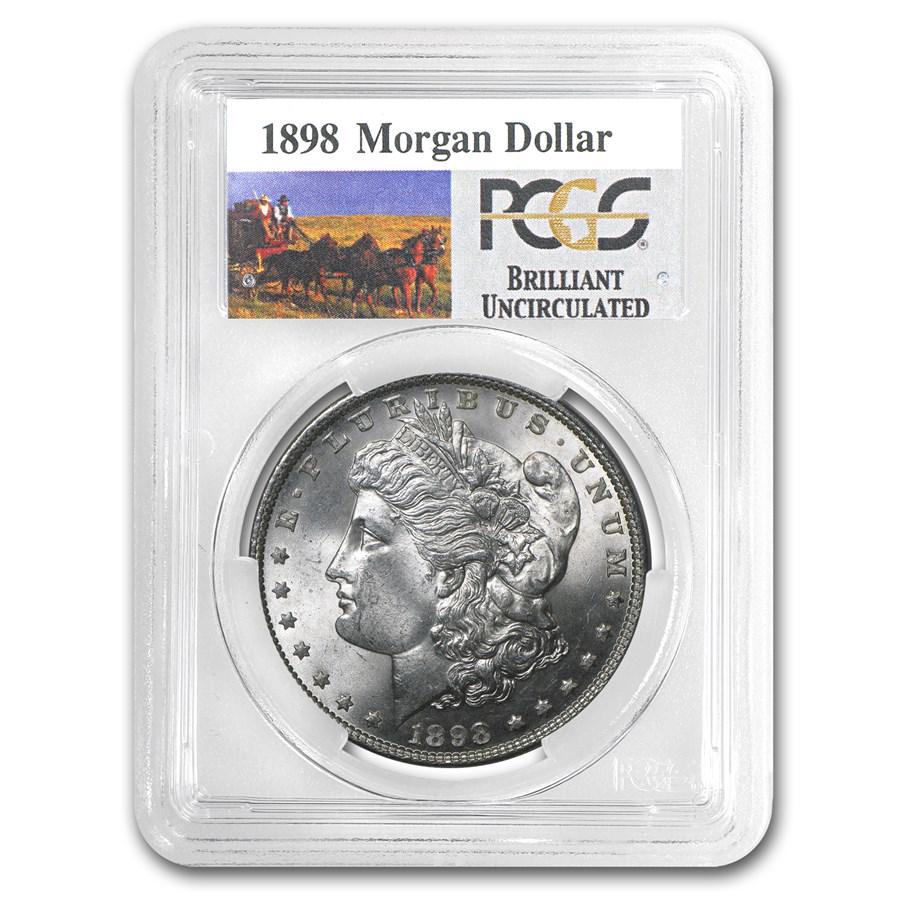 1898 Stage Coach Morgan Dollar BU PCGS: SKU: RBJ9676 Year: 1898 Grade: Brilliant Unc Grade Service: PCGS Denomination: $1.00 Dollar Mint Mark: P - Philadelphia (Not Shown) Metal Content: 0.7734 troy oz Purity: .900 Thi