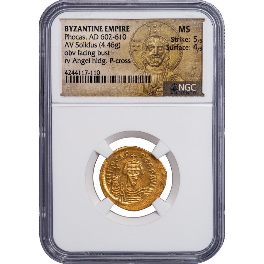 Byzantine Gold Solidus Emperor Phocas (602-610 AD) MS: SKU: RBJ241420 Year: 602-610 AD Grade Service: NGC Denomination: Solidus Metal Content: 0.12 troy oz Purity: N/A This Gold Solidus dates from the reign of the Emperor Phocas (602-610 AD) - well stru