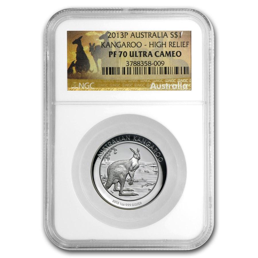 2013 Australia 1 oz Silver Kangaroo PF-70 NGC UCAM: 2013 Australia 1 oz Silver Kangaroo PF-70 NGC UCAM (High Relief) SKU: RBJ78904 Year: 2013 Grade Service: NGC Denomination: $1.00 Dollar Metal Content: 1 troy oz Purity: .999 Thickness: 6.