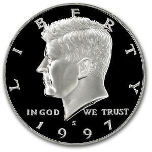 1997-S Silver Kennedy Half Dollar Gem Proof: 1997-S Silver Kennedy Half Dollar Gem Proof SKU: RBJ6129 Year: 1997 Grade: Proof Grade Service: None Denomination: 50 Cents Mint Mark: S - San Francisco Metal Content: 0.3575 troy oz