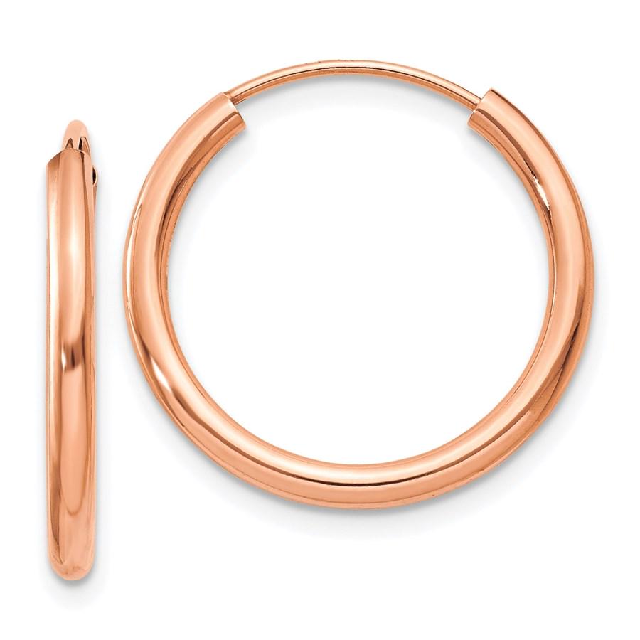 14k Rose Gold Polished Round Endless 2mm Hoop Earrings: 14k Rose Gold Polished Round Endless 2mm Hoop Earrings - 19.15 mm SKU: RBJ223480 Metal: Gold Purity: 14K Finish: Polished Length Of Item: 19.15 mm Earring Closure: Endless Earring Type: H