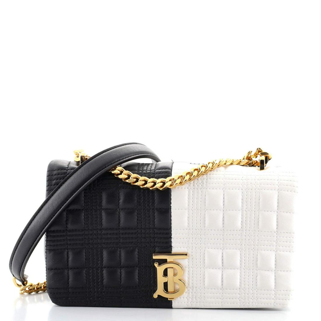 Burberry Lola Shoulder Bag Quilted Lambskin Small: Burberry Lola Shoulder Bag Quilted Lambskin Small Pre-owned - Very Good Exterior Color: Black, White, Multicolor Interior Color: Black Exterior Material: Leather Interior Material: Fabric Hard