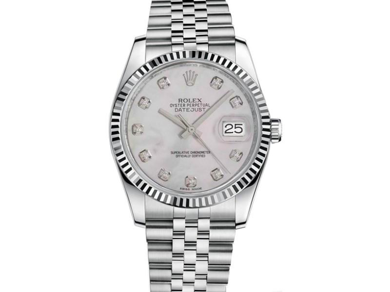 Rolex New Style Datejust Stainless Steel Fluted Bezel &: Rolex New Style Datejust Stainless Steel Fluted Bezel & Custom Mother Of Pearl Diamond Dial On Jubilee Bracelet SKU: RBJP116234MOPDFJ Brand: Rolex Condition: Pre-owned Reference: 116200 Size and Fit: