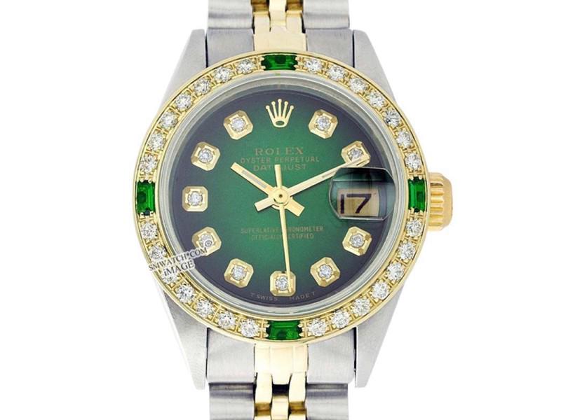 Rolex Datejust Oyster Perpetual Stainless Steel/18K: Rolex Datejust Oyster Perpetual Stainless Steel/18K Gold Green Vignette Diamond Watch SKU: RBJ401098588562-E Brand: Rolex Condition: Pre-Owned Model: DATEJUST 6917 Size and Fit: Case Diameter: 36mm <b