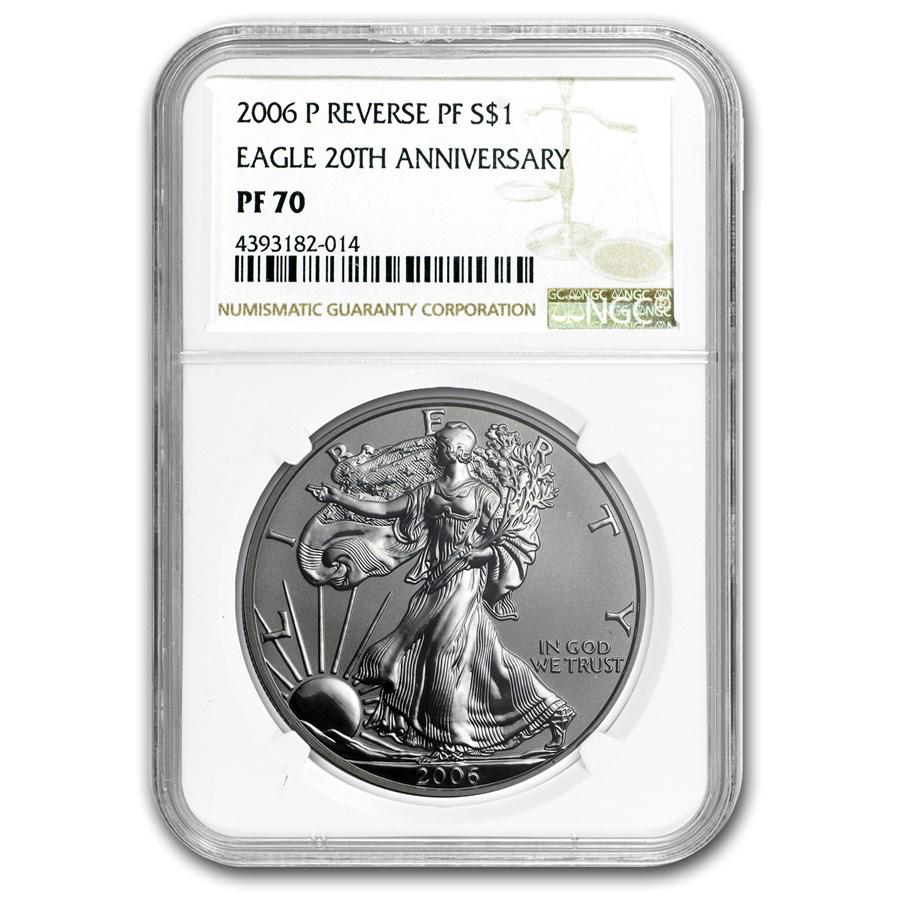 2006-P Reverse Proof Silver Eagle PF-70 NGC: 2006-P Reverse Proof Silver Eagle PF-70 NGC Additional SKU: RBJ102725 Year: 2006 Grade Service: NGC Denomination: $1.00 Metal Content: 1 troy oz Purity: .999 Thickness: 2.98 mm <