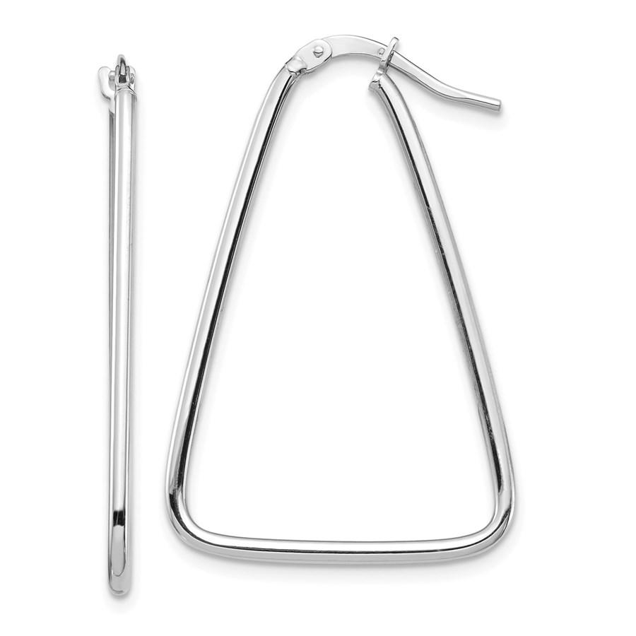 14k White Gold Triangle Dangle Hoop Earrings - 1.5x24: 14k White Gold Triangle Dangle Hoop Earrings - 1.5x24 mm SKU: RBJ184538 Metal: Gold Purity: 14K Finish: Polished Length Of Item: 35.8 mm Earring Closure: Wire & Clutch Earring Type: Hoop