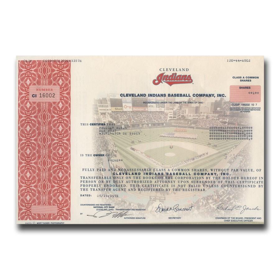 Cleveland Indians Baseball Company Stock Certificate: Cleveland Indians Baseball Company Stock Certificate (1998) Product ID: RBJ50806 Year: 1998 Grade: None Grade Service: None Denomination: N/A Mint Mark: N/A - Not Available Metal Content: