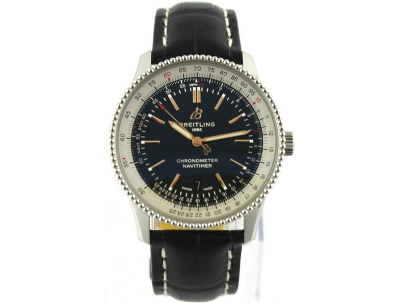 BREITLING NAVITIMER A17326211-B1P2 BLACK LEATHER GOLD: BREITLING NAVITIMER A17326211-B1P2 BLACK LEATHER GOLD ACCENTED AUTOMATIC WATCH Item Specifics:Age: 2020Band Color: BlackBand Material: LeatherBand/Strap: Two-Piece StrapBezel Color: SilverBezel Type: 