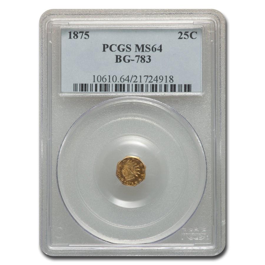 1875 Indian Octagonal 25 Cent Gold MS-64 PCGS (BG-783): 1875 Indian Octagonal 25 Cent Gold MS-64 PCGS (BG-783) Product ID: 245506 Year: 1875 Grade Service: PCGS Denomination: $0.25 Metal Content: 0.0121 troy oz Purity: None Diameter: 0 mm This 18