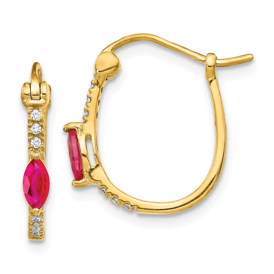 14k Yellow Gold 1/20ct Diamond & Ruby Hoop Earrings -: 14k Yellow Gold 1/20ct Diamond & Ruby Hoop Earrings - 16 mm Product ID: RBJ202651 Metal: Gold Purity: 14K Metal Weight: 1.34 GM Carat Weight: 0.06 Length Of Item: 16 mm Stone Type: Ruby <