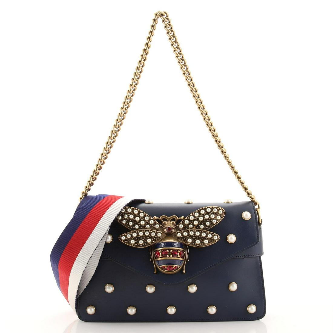 Gucci Broadway Pearly Bee Shoulder Bag Embellished: Gucci Broadway Pearly Bee Shoulder Bag Embellished Leather Mini Exterior Color: Blue Interior Color: Neutral Exterior Material: Leather Interior Material: Leather Hardware Color: Aged Gold Accessories