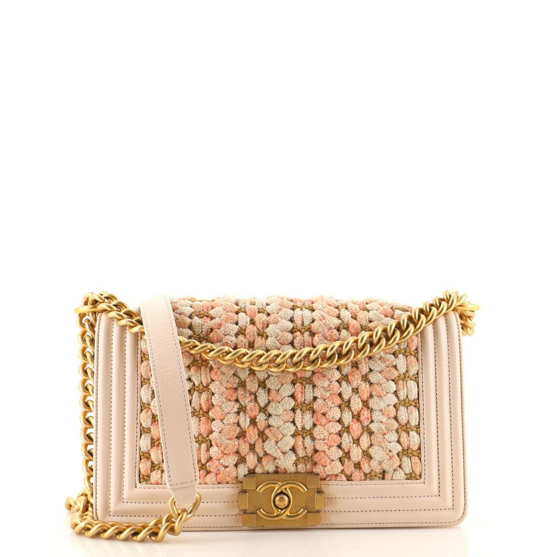 Chanel Boy Flap Bag Braided Tweed Old Medium: Chanel Boy Flap Bag Braided Tweed Old Medium Exterior Color: Pink Interior Color: Neutral Exterior Material: Leather, Tweed Interior Material: Fabric Hardware Color: Gold Accessories: No accessories