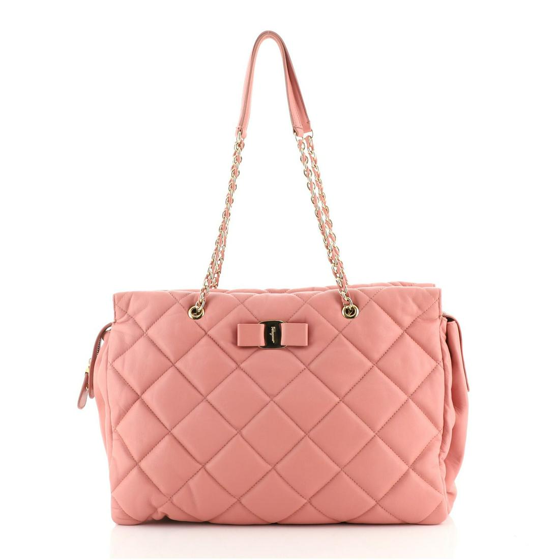 Salvatore Ferragamo Ginette Chain Shoulder Bag Quilted: Salvatore Ferragamo Ginette Chain Shoulder Bag Quilted Leather Large Exterior Color: Pink Interior Color: Neutral Exterior Material: Leather Interior Material: Fabric Hardware Color: Gold Accessories: