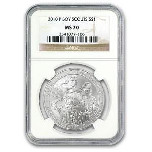 2010-P Boy Scouts Centennial $1 Silver Commem MS-70 NGC: 2010-P Boy Scouts Centennial $1 Silver Commem MS-70 NGC Additional Product ID: 63720 Year: 2010 Grade Service: NGC Denomination: $1.00 Dollar Metal Content: 0.7734 troy oz Purity: .900 Thickne