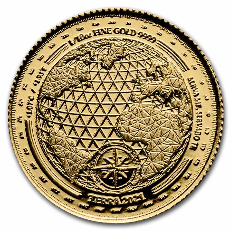 2021 Tokelau 1/10 oz Gold $10 Terra (Prooflike): 2021 Tokelau 1/10 oz Gold $10 Terra (Prooflike) Product ID: 243232 Year: 2021 Grade: None Grade Service: None Denomination: 10 Dollars Mint Mark: N/A - Not Available Metal Content: 0.1 troy oz