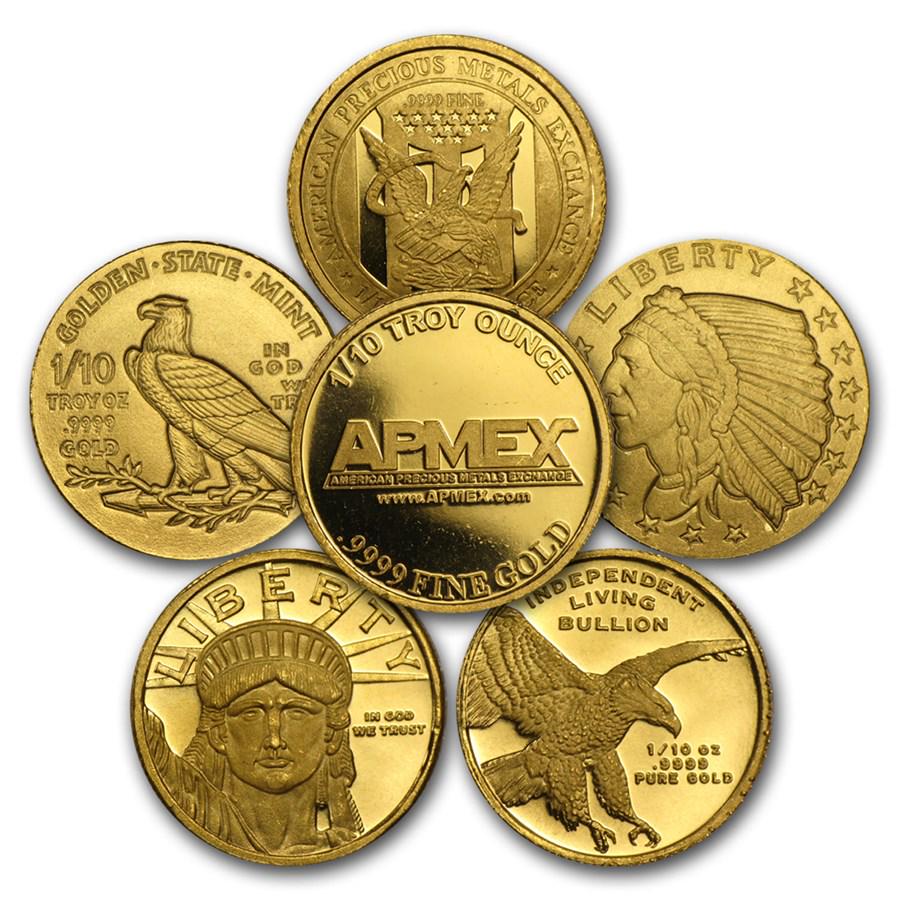 1/10 oz Gold Round - Secondary Market: 1/10 oz Gold Round - Secondary Market SKU: RBJ- 31967 Year: Random Grade: None Grade Service: None Denomination: 1/10 oz Mint Mark: N/A - Not Available Metal Content: 0.1 troy oz Purity: .999<
