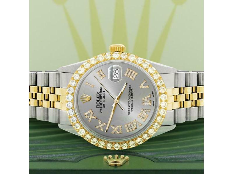 Rolex Datejust 36mm 2-Tone WATCH/3.10ct Diamond: Rolex Datejust 36mm 2-Tone WATCH/3.10ct Diamond Bezel/Silver Roman Dial SKU: RBJ-233727807073-E Brand: Rolex Condition: Pre-Owned Model: Datejust MORE DETAILSBezel: Custom Genuine Diamond BezelBrand: