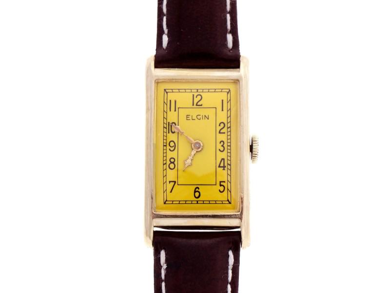 Elgin 1940 Dress Strap Watch Redone Bright Yellow Dial 14k Gold: Elgin 1940 Dress Strap Watch Redone Bright Yellow Dial 14k Gold SKU: RBJ394-128-1323-01C9A Brand: Elgin Condition: Never Worn Final Sale: THIS ITEM IS FINAL SALE AND NOT RETURNABLE. Details: Stone:T
