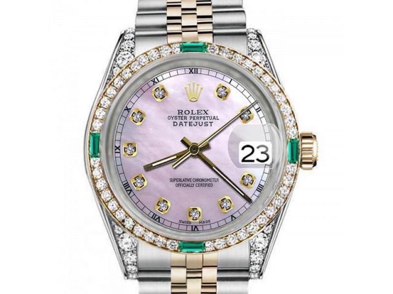 Mens Rolex 36mm Datejust Two Tone Jubilee Pink MOP Mother Of Pearl Dial Diamond Accent Bezel + Lugs: Mens Rolex 36mm Datejust Two Tone Jubilee Pink MOP Mother Of Pearl Dial Diamond Accent Bezel + Lugs + Emerald SKU: RBJ35847-E21A8 Brand: Rolex Condition: Pre-Owned Details: Men's Rolex 36mm Datejust T