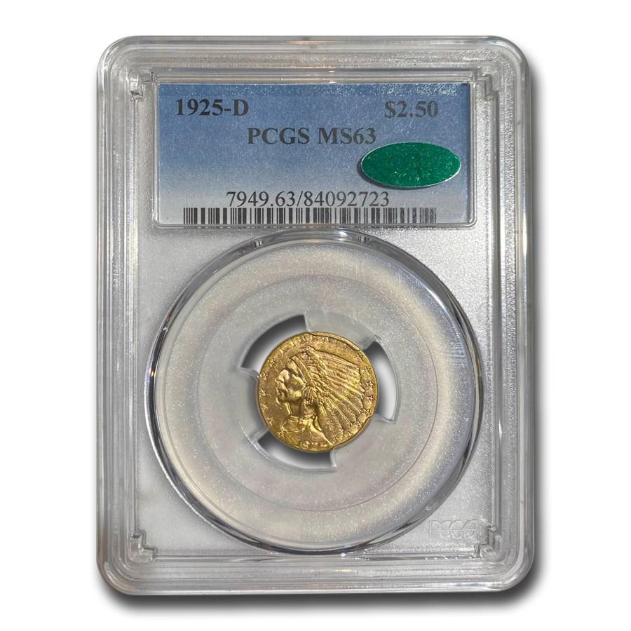 1925-D $2.50 Indian Gold Quarter Eagle MS-63 PCGS (CAC): 1925-D $2.50 Indian Gold Quarter Eagle MS-63 PCGS (CAC) SKU: RBJ17230 Year: 1925 Grade Service: PCGS Denomination: $2.50 Metal Content: 0.1209 troy oz Purity: .900 Thickness: 1.14 mm