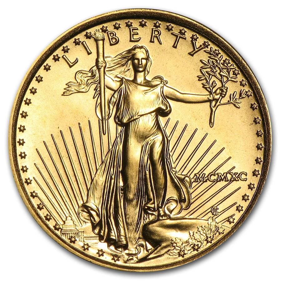 1990 1/10 oz American Gold Eagle BU (MCMXC): 1990 1/10 oz American Gold Eagle BU (MCMXC) Product ID: 4699 Year: 1990 Grade: Brilliant Unc Grade Service: None Denomination: $5.00 Mint Mark: W - West Point (Not Shown) Metal Content: 0