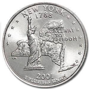 2001-D New York State Quarter BU: 2001-D New York State Quarter BU Product ID: 5245 Year: 2001 Grade: Brilliant Unc Grade Service: None Denomination: 25 Cents Mint Mark: D - Denver Metal Content: 0 troy oz Purity