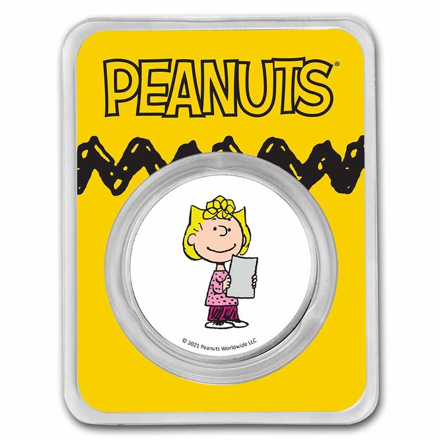 Peanuts Sally Brown 1 oz Colorized Silver Round: Peanuts Sally Brown 1 oz Colorized Silver Round Product ID: 231121 Year: 2021 Grade: None Grade Service: None Mint Mark: N/A - Not Available Metal Content: 1 troy oz Purity: .999