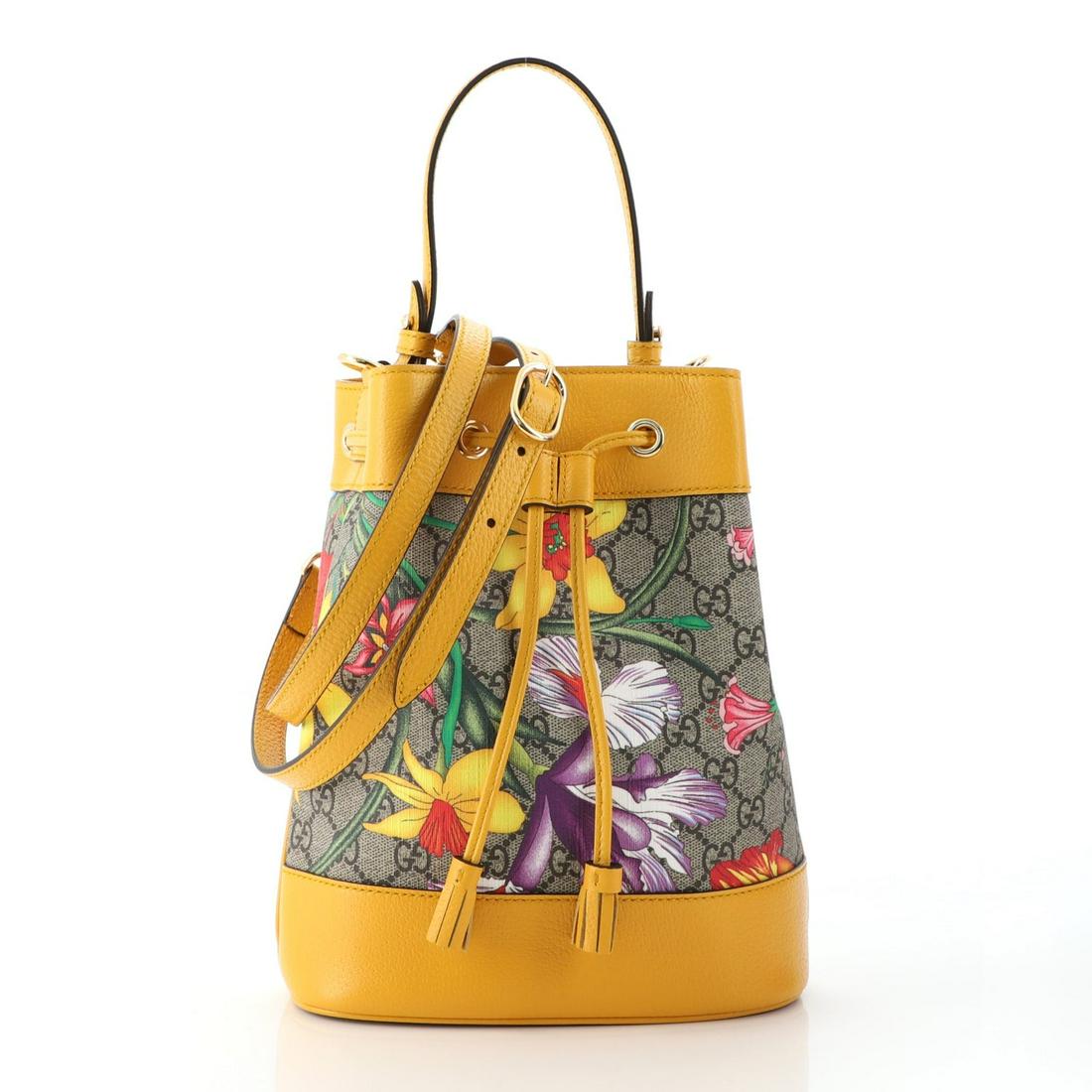 Gucci Ophidia Bucket Bag Flora GG Coated Canvas and Leather Small: Gucci Ophidia Bucket Bag Flora GG Coated Canvas and Leather Small Brand: Gucci Exterior Color: Brown, Print, Yellow, Multicolor Interior Color: Neutral Exterior Material: Canvas Coated, Leather Interi