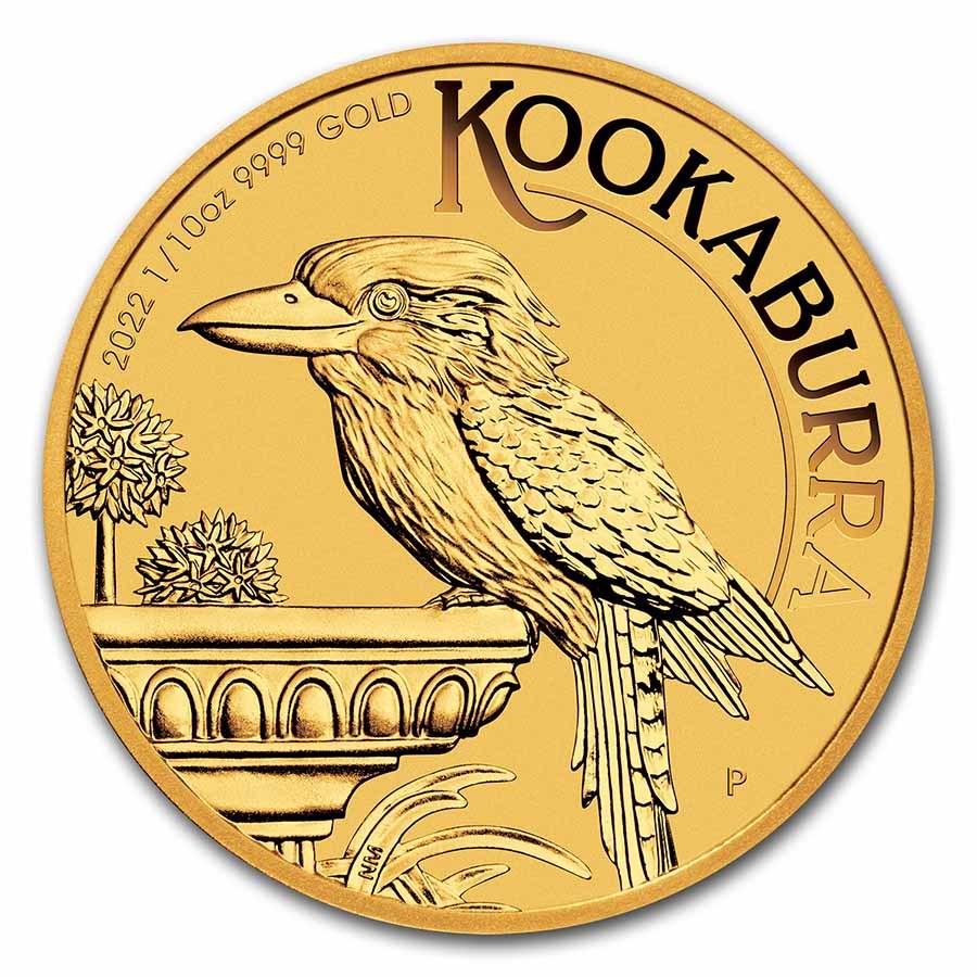 2022 Australia 1/10 oz Gold Kookaburra BU: 2022 Australia 1/10 oz Gold Kookaburra BU Product ID: 246822 Year: 2022 Grade: Brilliant Unc Grade Service: None Denomination: 15 Dollars Mint Mark: P - Perth Metal Content: 0.1 troy oz <