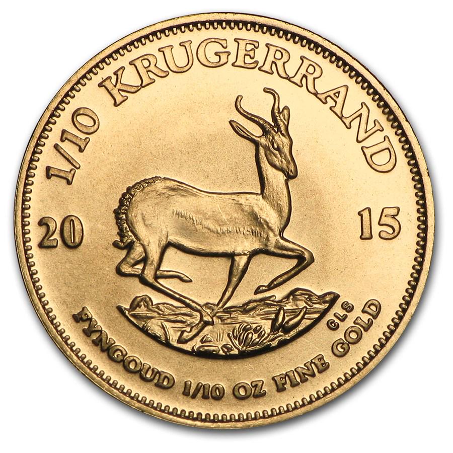 2015 South Africa 1/10 oz Gold Krugerrand: 2015 South Africa 1/10 oz Gold Krugerrand Product ID: 84901 Year: 2015 Grade: Brilliant Unc Grade Service: None Mint Mark: Not Shown Metal Content: 0.1 troy oz Purity: .9167 Thic