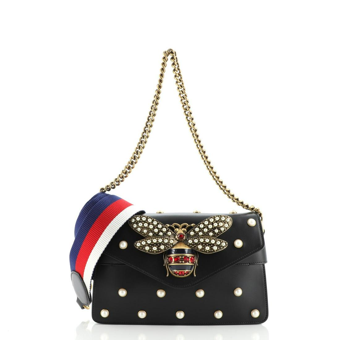 Gucci Broadway Pearly Bee Shoulder Bag Embellished Leather Mini: Gucci Broadway Pearly Bee Shoulder Bag Embellished Leather Mini Brand: Gucci Exterior Color: Black Interior Color: Neutral Exterior Material: Leather Interior Material: Leather Hardware Color: Age