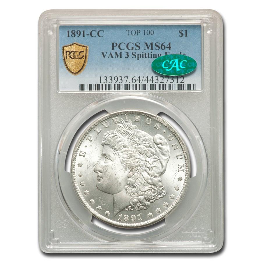 1891-CC Morgan Dollar MS-64 PCGS CAC (VAM-3 Spitting Eagle): 1891-CC Morgan Dollar MS-64 PCGS CAC (VAM-3 Spitting Eagle) Product ID: 248889 Year: 1891 Grade Service: PCGS Denomination: $1.00 Metal Content: 0.7734 troy oz Purity: .900 Diameter: 38.1