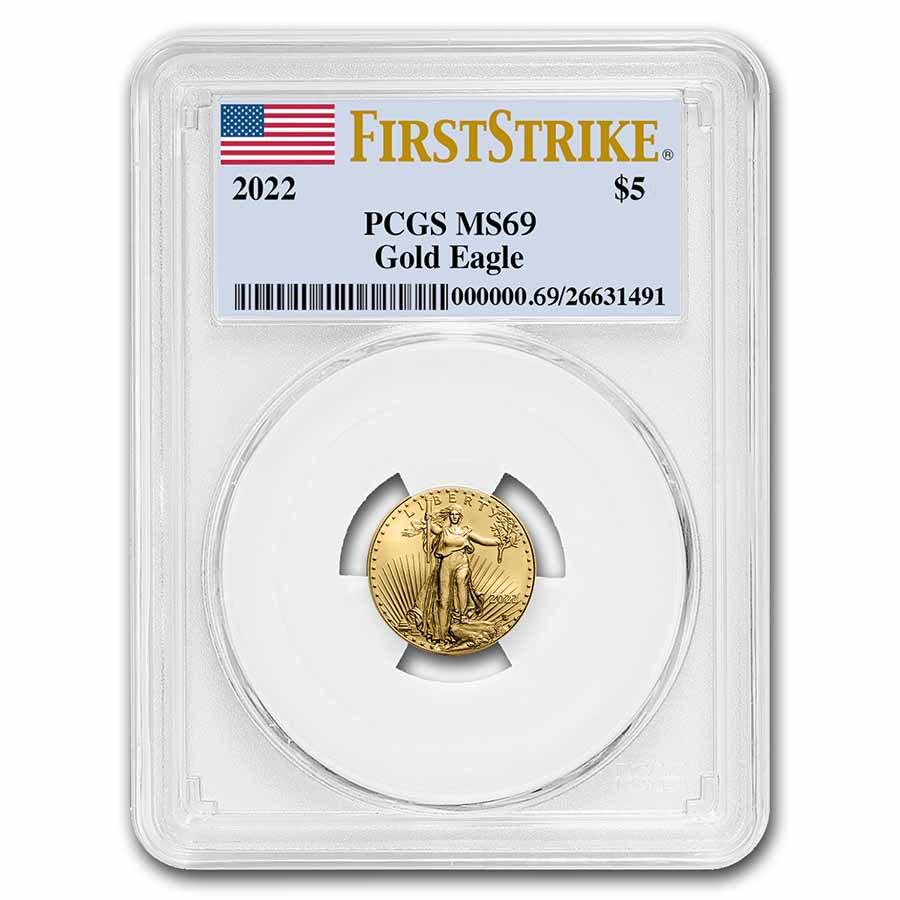 2022 1/10 oz American Gold Eagle MS-69 PCGS (FirstStrike): 2022 1/10 oz American Gold Eagle MS-69 PCGS (FirstStrike) Product ID: RBJ240929 Year: 2022 Grade: MS-69 Grade Service: PCGS Denomination: 5 Dollars Mint Mark: W - West Point (Not Shown) M