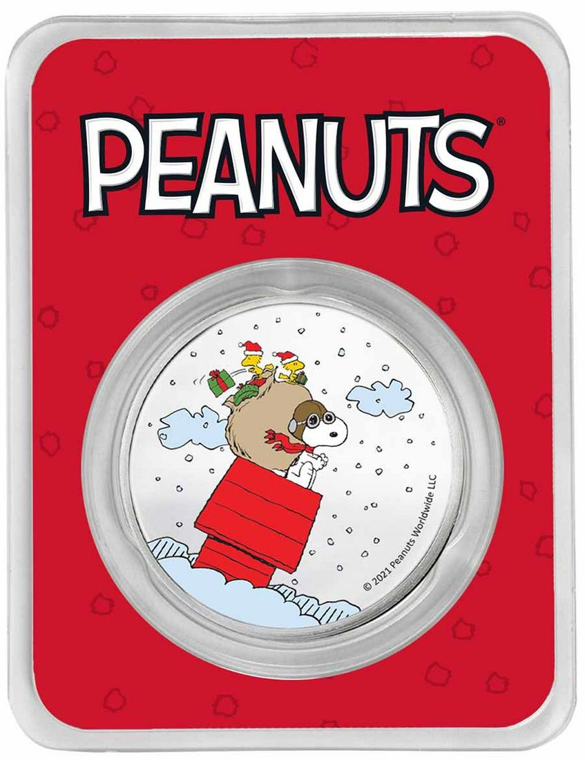 Peanuts Snoopy & Woodstock Christmas 1 oz Colorized Silver: Peanuts Snoopy & Woodstock Christmas 1 oz Colorized Silver Product ID: RBJ239134 Year: N/A Grade: None Grade Service: None Mint Mark: N/A - Not Available Metal Content: 1 troy oz Purity: