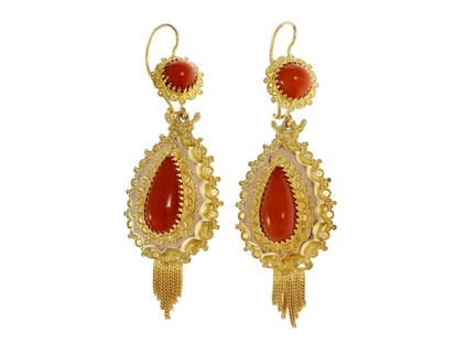 14K Yellow & Rose Gold Orange Coral Dangle Earrings: 14K Yellow & Rose Gold Orange Coral Dangle Earrings SKU: RBJ341-345-1228-01C9A Brand Condition: Pre-Owned Metal: Yellow Gold Stone: Coral Size and Fit: Top to Bottom: 61.52mm or