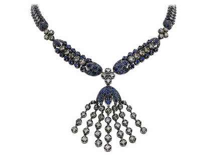 34.69 Carat Blue Sapphire And White Diamond Fringe Statement Necklace: 34.69 Carat Blue Sapphire And White Diamond Fringe Statement Necklace SKU: RBJ34.69CARAT-613B16FA8F57F Condition: Never Worn More Details: This beautiful 34.69 Carat blue sapphire and white
