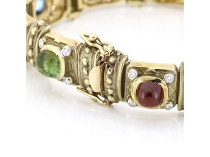 Vintage Tourmaline Gemstone Diamond Link Bracelet In 14k Green Gold: Vintage Tourmaline Gemstone Diamond Link Bracelet In 14k Green Gold SKU: RBJ194425051866-E Condition: Pre-Owned Metal: gold Stone: DIAMOND Model: 194425051866-E Size and Fit: