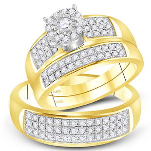 14kt Yellow Gold His Hers Round Diamond Halo Matching Wedding Set 7/8 Cttw: 14kt Yellow Gold His Hers Round Diamond Halo Matching Wedding Set 7/8 Cttw Metal Type14kt Yellow Gold Item NumberGDI886101 StyleHaloRing Size7Carats Total Weight *7/8 Ct.t.w.Center