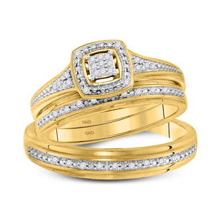 10kt Yellow Gold His Hers Round Diamond Cluster Matching Wedding Set 1/10 Cttw: 10kt Yellow Gold His Hers Round Diamond Cluster Matching Wedding Set 1/10 Cttw Metal Type10kt Yellow Gold Item Number117736 StyleClustersRing SizeRing size selectableCarats Total