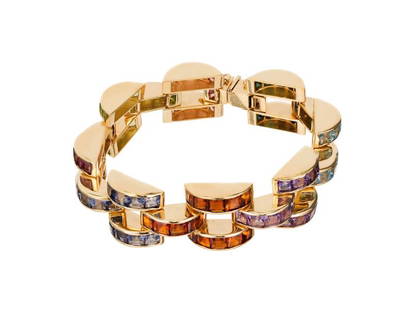 Crescent Link Yellow Gold 32.00ctw Multi-Color Stone Bracelet: Crescent Link Yellow Gold 32.00ctw Multi-Color Stone Bracelet SKU: RBJ324-6-478-01C9A Condition: Pre-Owned Metal: Yellow Gold Stone: Multi-Stone Size and Fit: Length: 7.25 inches,