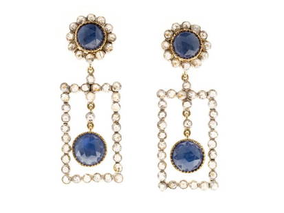 18K Yellow Gold 5.5ct Sapphire And 2.25ct Diamond Earrings: 18K Yellow Gold 5.5ct Sapphire And 2.25ct Diamond Earrings SKU: RBJ341-3-374-01C9A Condition: Pre-Owned Metal: Yellow Gold Stone Size and Fit: Sapphires: (2) 6.5mm and (2) 7.5mm, Size: