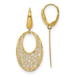 14K Polished & Textured Floral Leverback Earrings - 40 mm: 14K Polished & Textured Floral Leverback Earrings - 40 mm Product ID: RBJ222516 Metal: Gold Purity: 14K Finish: Polished Length Of Item: 40 mm Earring Closure: Leverback Earring