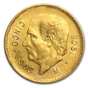 1906 Mexico Gold 5 Pesos XF: 1906 Mexico Gold 5 Pesos XF Product ID: RBG85495 Year: 1906 Grade: Extra Fine Grade Service: None Denomination: 5 Pesos Mint Mark: Mo - Mexico City Metal Content: 0.1205 troy oz 