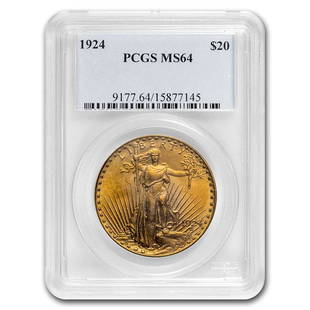 1924 $20 Saint-Gaudens Gold Double Eagle MS-64 PCGS: 1924 $20 Saint-Gaudens Gold Double Eagle MS-64 PCGS Product ID: RBG23103 Year: 1924 Grade Service: PCGS Denomination: $20.00 Metal Content: 0.9675 troy oz Purity: .900 Thickness: