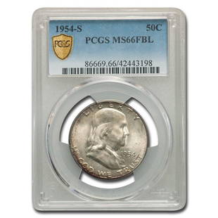 1954-S Franklin Half Dollar MS-66 PCGS (FBL): 1954-S Franklin Half Dollar MS-66 PCGS (FBL) Product ID: RBG151284 Year: 1954 Grade Service: PCGS Denomination: $0.50 Metal Content: 0.3617 troy oz Purity: .900 Thickness: 2.15